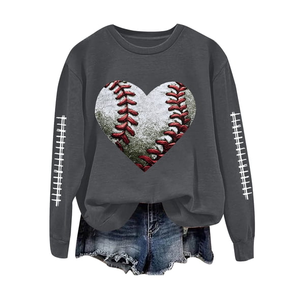 GEWSEY Baseball Mom Sweatshirt For Women Heart Printed Crewneck Long Sleeve 2025 Pullover Tops (Dark Gray, XXL)