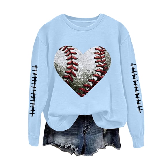 GEWSEY Baseball Mom Sweatshirt For Women Heart Printed Crewneck Long Sleeve 2025 Pullover Tops (Sky Blue, M)