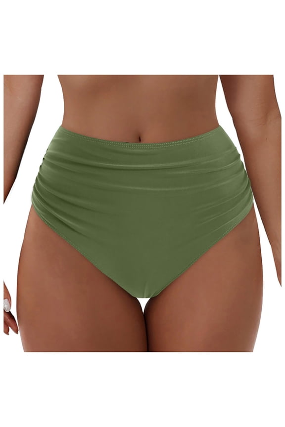 Bathing Suit Bottoms for Women - High Waisted Bikini Bottoms Ruched Tummy Control Swimsuit Bottom (Army Green, M)