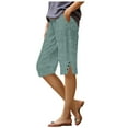 thumbnail image 1 of GEWSEY Bermuda 3/4 Pants Shorts for Women Botton Trim Wide Leg Linen Knee Length Summer Casual Long Shorts Loose High Waisted Plus Size Short with Pockets (Green, 4XL), 1 of 7