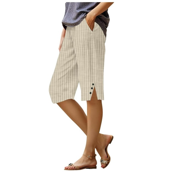 GEWSEY Bermuda 3/4 Pants Shorts for Women Botton Trim Wide Leg Linen Knee Length Summer Casual Long Shorts Loose High Waisted Plus Size Short with Pockets (Yellow, XL)