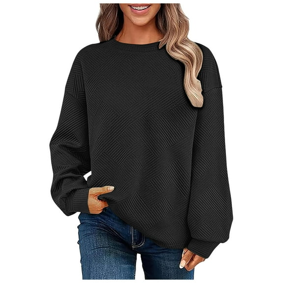 GEWSEY Black Oversized Sweatshirt Tops for Women Blouse 2025 Fall Clothes Fashion Crew Neck Casual Long Sleeve T Shirts Plus Size Tops Business Solid Stretch Texture Pullover Pocket (Black, S)