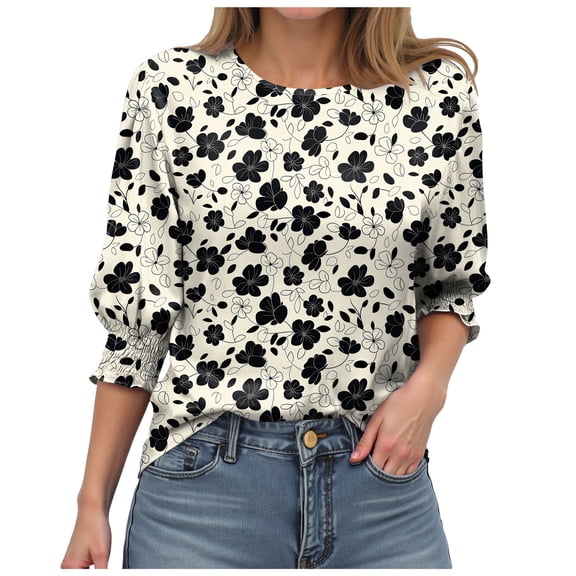 GEWSEY Blouses for Women Dressy Casual 3/4 Length Sleeve Womens Tops with Smocked Cuffs (Black, M)