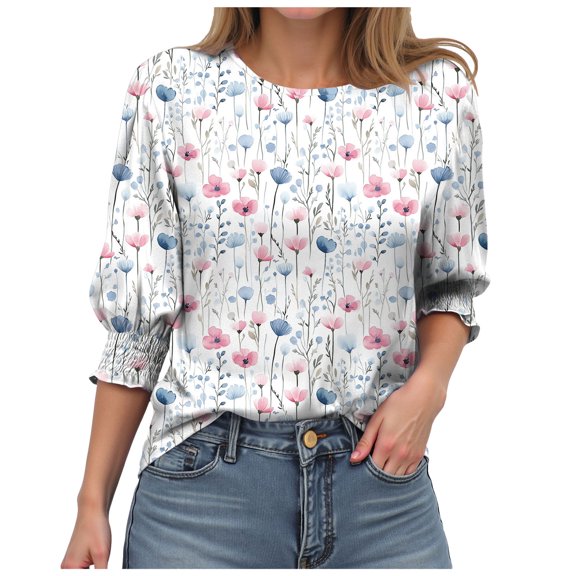 GEWSEY Blouses for Women Dressy Casual 3/4 Length Sleeve Womens Tops with Smocked Cuffs (Pink, L)