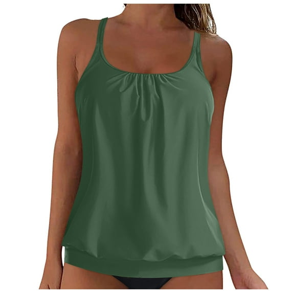 GEWSEY Blouson Tankini Tops for Women Swimwear Top Only Modest Tankini Tops Loose Fit Swim Tops No Bottom Army Green, L