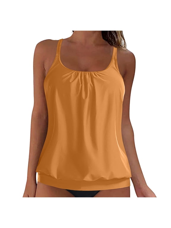 Blouson Tankini Tops for Women Swimwear Top Only Modest Tankini Tops Loose Fit Swim Tops No Bottom Khaki, XXXL