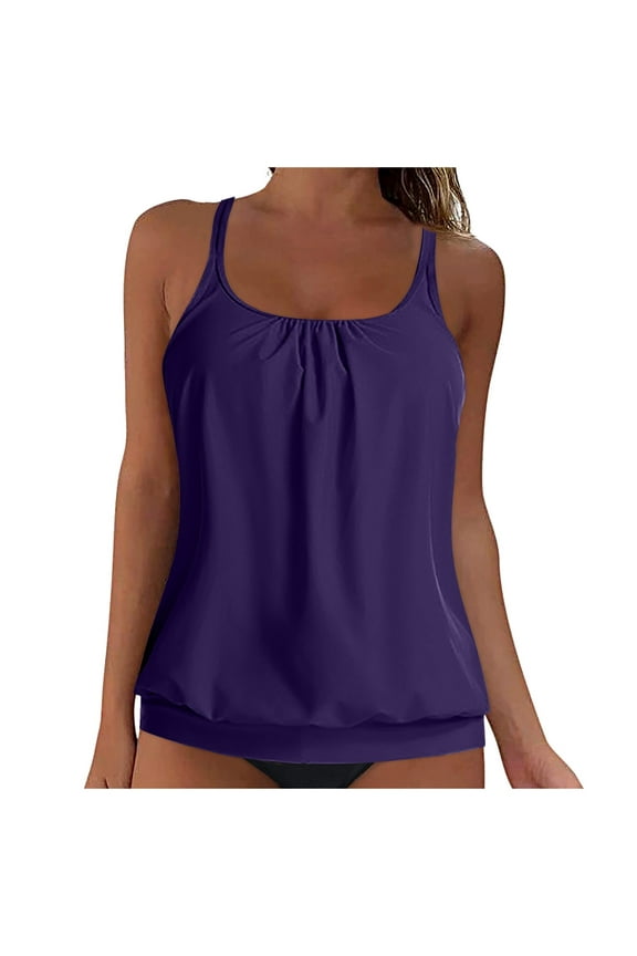 Blouson Tankini Tops for Women Swimwear Top Only Modest Tankini Tops Loose Fit Swim Tops No Bottom Purple, M