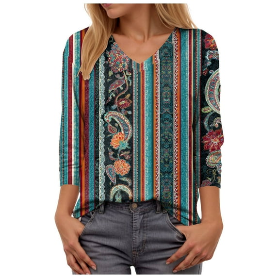 GEWSEY Boho Tops for Women 2025 3/4 Length Sleeve Tunic Tops Casual V Neck Shirts Basic Tees Business Work Blouses Fall Clothes (Bronze, 3XL)