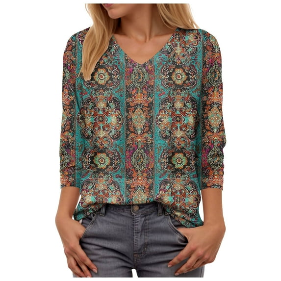 GEWSEY Boho Tops for Women 2025 3/4 Length Sleeve Tunic Tops Casual V Neck Shirts Basic Tees Business Work Blouses Fall Clothes (Dark Gray, L)