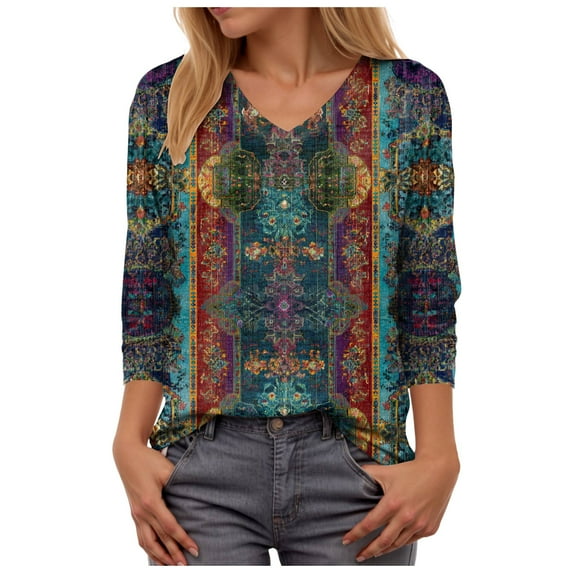 GEWSEY Boho Tops for Women 2025 3/4 Length Sleeve Tunic Tops Casual V Neck Shirts Basic Tees Business Work Blouses Fall Clothes (Navy, XL)