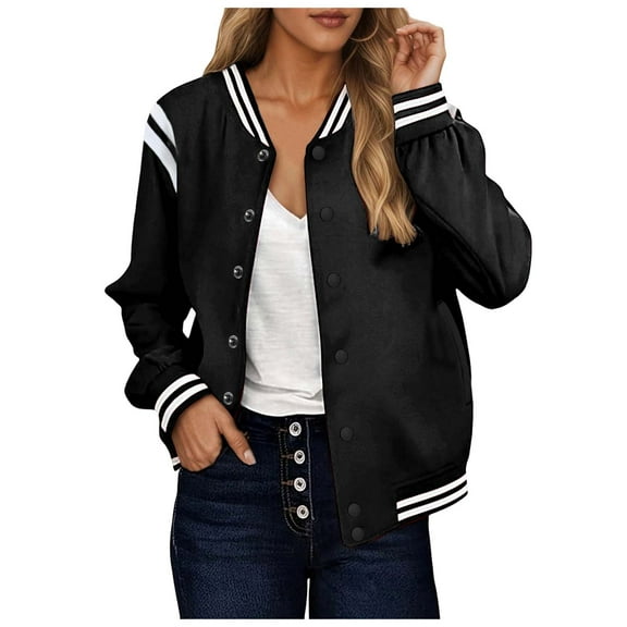 GEWSEY Bomber Jacket Women Varsity Casual Button Down Lightweight 2025 Fall Fashion Short Outerwear with Pockets (Black, XL)