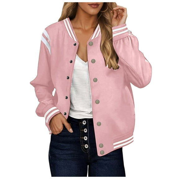 GEWSEY Bomber Jacket Women Varsity Casual Button Down Lightweight 2025 Fall Fashion Short Outerwear with Pockets (Pink, 4XL)