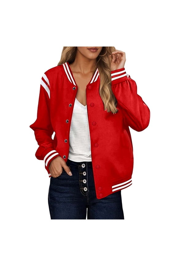 Bomber Jacket Women Varsity Casual Button Down Lightweight 2025 Fall Fashion Short Outerwear with Pockets (Red, XXL)