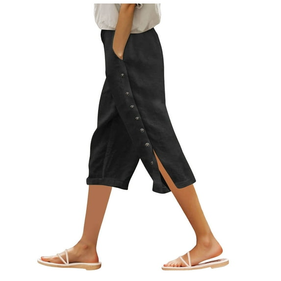 GEWSEY Botton Trim Capri Pants for Women Casual Striped Linen Pants Loose Fit Drawstring Trousers High Waist Cropped Trousers (Black, L)