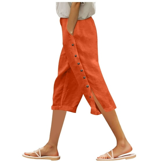 GEWSEY Botton Trim Capri Pants for Women Casual Striped Linen Pants Loose Fit Drawstring Trousers High Waist Cropped Trousers (Orange, S)