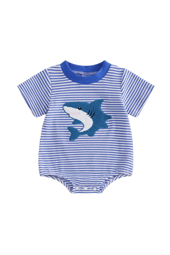 Boy Turtle Romper Short Sleeve Waffle Striped Bodysuit Summer Clothes Baby Sea Animal Outfit 3-6 Months Blue