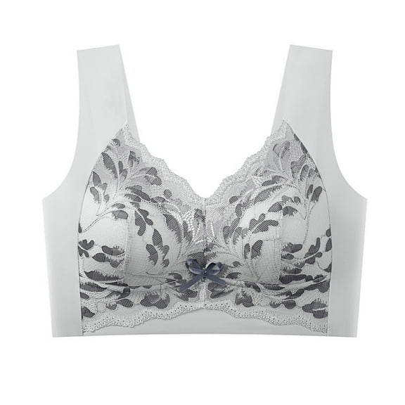 GEWSEY Women Floral Secrets Comfort Rose Bra,Front Closure Lace Comfy No Wire Bras,Plus Size Rose Push-up Bra Grey, XL