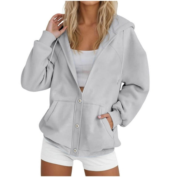 GEWSEY Button Down Hoodies for Women 2025 Long Sleeve Plain Basic Hoodie with Pockets Hooded Sweatshirt Pullover Tops (Light Gray, XL)