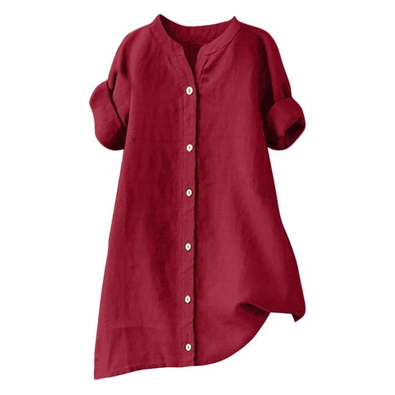 GEWSEY Button Down Shirts for Women Dress Shirts Long Sleeve -Free Blouse Casual Solid Office Work Tunic Top (Red, L)