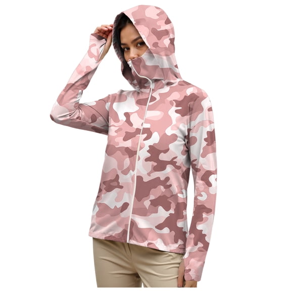 GEWSEY Camo Running Workout Sun Shirt for Women UPF 50  Long Sleeve Zip Up Hoodie Jacket Lightweight UV Protection Clothing (Pink, S)