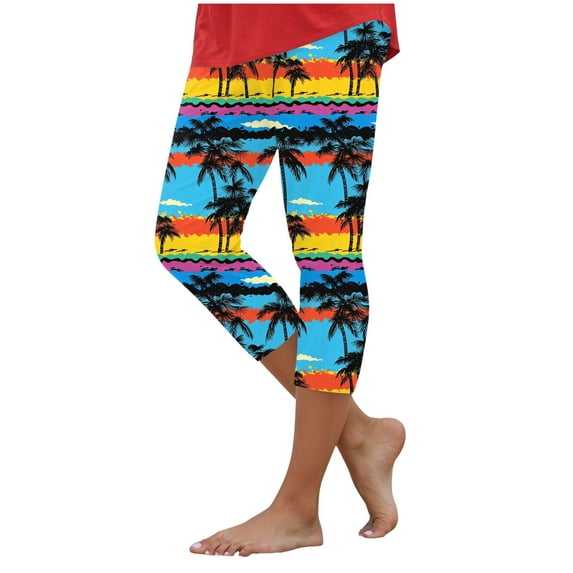 GEWSEY Capri Leggings for Women Floral Print High Waist Capris Summer Beach Vacation Knee Length Slim Fit Yoga Crop Trousers (Sky Blue, S)