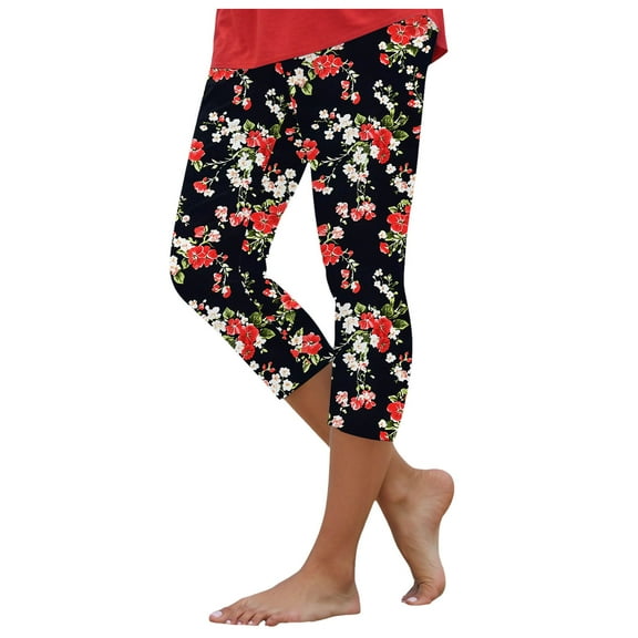 GEWSEY Capri Leggings for Women Summer Floral Printed Plus Size Capris High Waist Knee Length Slim Fit Yoga Cropped Legging (Black, XL)