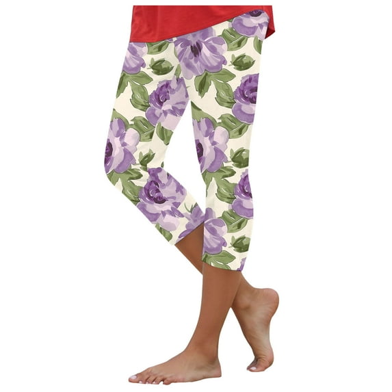 GEWSEY Capri Leggings for Women Summer Floral Printed Plus Size Capris High Waist Knee Length Slim Fit Yoga Cropped Legging (Purple, XXL)