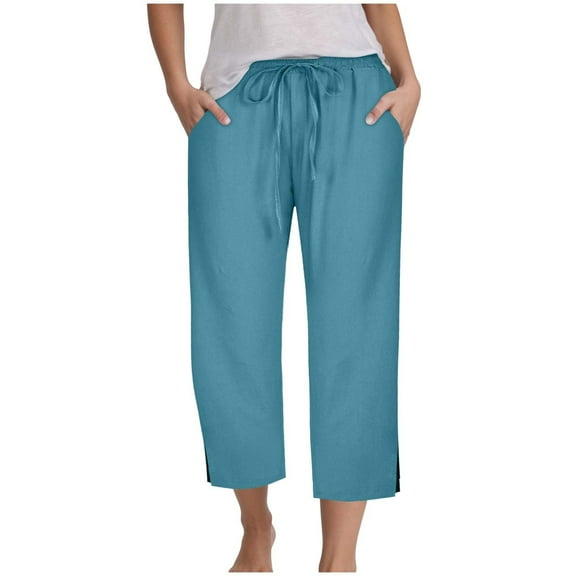GEWSEY Capri Loose Pants for Women Casual 2025 Summer Drawstring Elastic High Waist Linen Pant Straight Wide Leg Cropped Trouser (Blue, L)