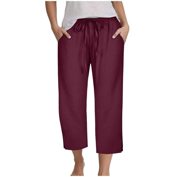 GEWSEY Capri Loose Pants for Women Casual 2025 Summer Drawstring Elastic High Waist Linen Pant Straight Wide Leg Cropped Trouser (Brick Red, XXL)