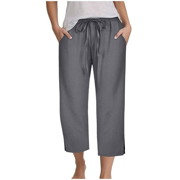 GEWSEY Capri Loose Pants for Women Casual 2025 Summer Drawstring Elastic High Waist Linen Pant Straight Wide Leg Cropped Trouser (Dark Gray, M)