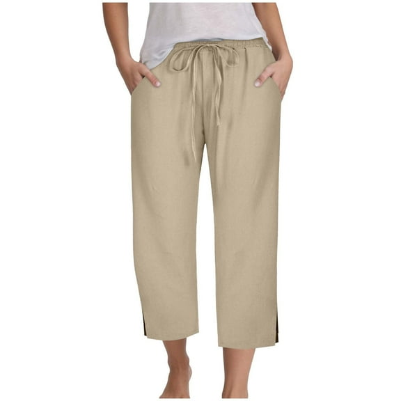 GEWSEY Capri Loose Pants for Women Casual 2025 Summer Drawstring Elastic High Waist Linen Pant Straight Wide Leg Cropped Trouser (Khaki, XL)