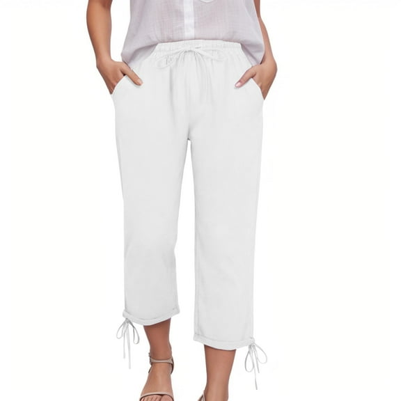 GEWSEY Capri Pants for Women Casual 2025 Summer Drawstring Elastic High Waist Linen Pant Straight Wide Leg Cropped (White, S)