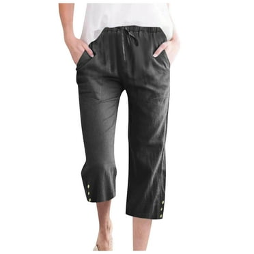 GEWSEY Capri Pants for Women Casual 2025 Summer Drawstring Elastic Waist Linen Pant Straight Wide Leg Pocket Cropped Trouser Black, 2XL