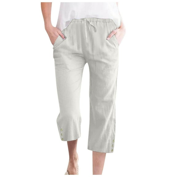 GEWSEY Capri Pants for Women Casual 2025 Summer Drawstring Elastic Waist Linen Pant Straight Wide Leg Pocket Cropped Trouser White, M
