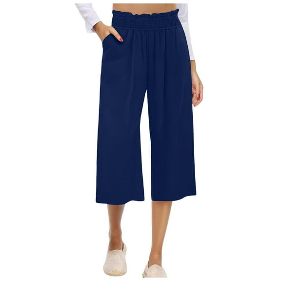GEWSEY Capri Pants for Women Casual Summer Dressy Pull On Stretch High Waisted Crop Work Leggings with Pockets (Dark Blue, M)