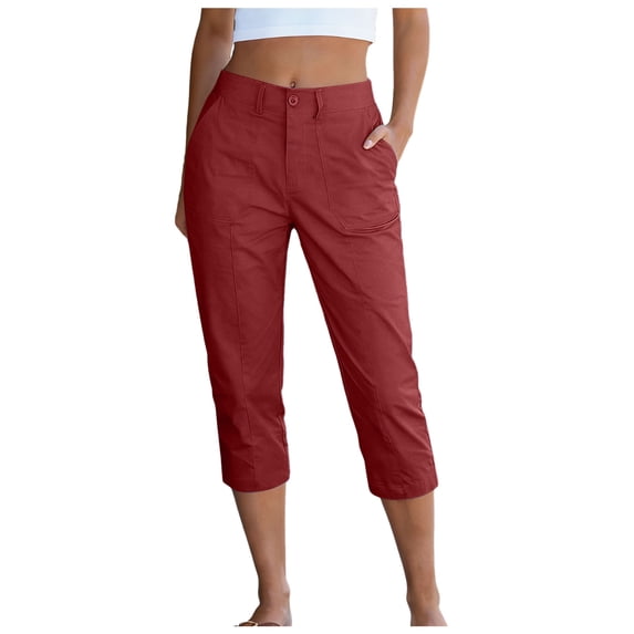 GEWSEY Capri Pants for Women High Waisted Relaxed Fit Elastic Waist Casual Capris Trousers Crop Chino Pants with Pocket Red for Size XXL