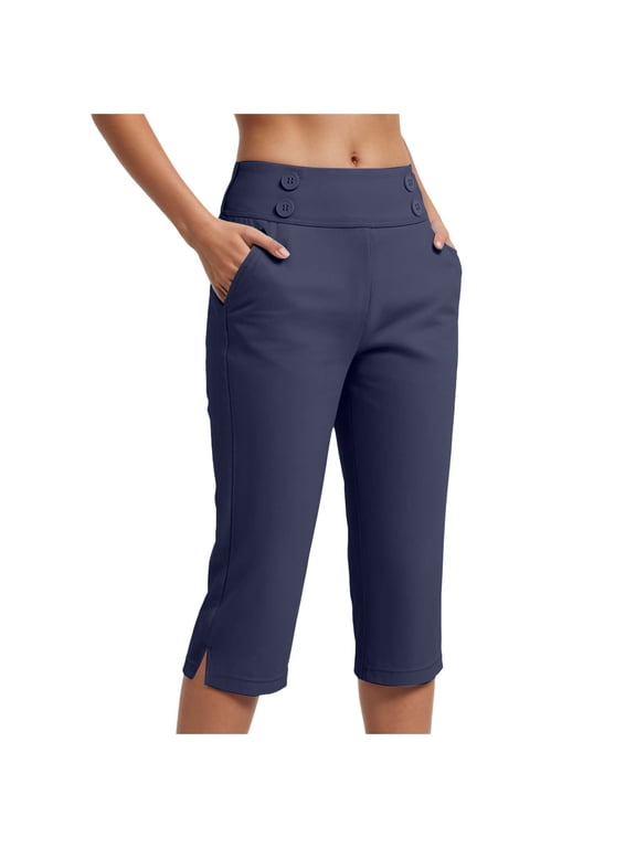 Dressy Capri Pants for Women Stretch High Waisted Crop Work Pants Summer Casual Capris Slacks Yoga Trousers Dress Pant (Navy, S)