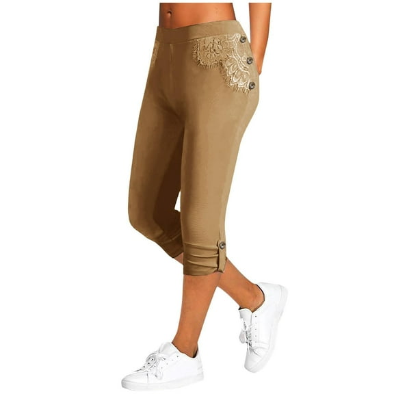 GEWSEY Capri Pants for Women Stretch Lace High Waisted Capri Leggings Tummy Control Pull On Yoga Capris Pants Brown, L