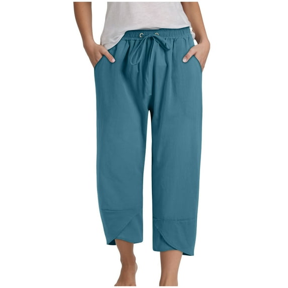 GEWSEY Capris for Women Casual Summer Loose Comfy Drawstring Wide Leg Capri Pants with Pockets (Blue, L)