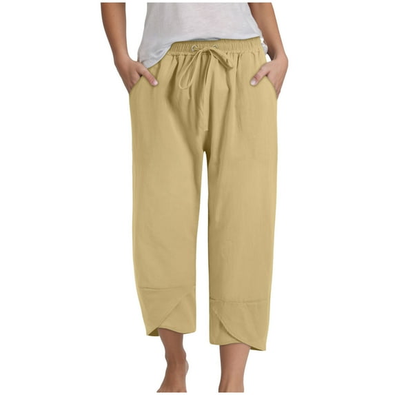 GEWSEY Capris for Women Casual Summer Loose Comfy Drawstring Wide Leg Capri Pants with Pockets (Khaki, XXL)