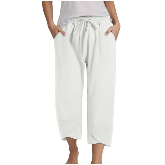 GEWSEY Capris for Women Casual Summer Loose Comfy Drawstring Wide Leg Capri Pants with Pockets (White, M)