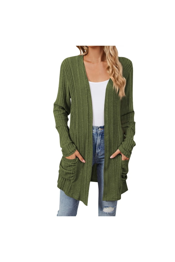 Cardigan Sweaters for Women Lightweight Open Front Thin Long Cardigans Fall Long Sleeve Knit Sweater with Pockets (Army Green, S)