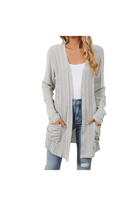 Cardigan Sweaters for Women Lightweight Open Front Thin Long Cardigans Fall Long Sleeve Knit Sweater with Pockets (Light Gray, XXL)