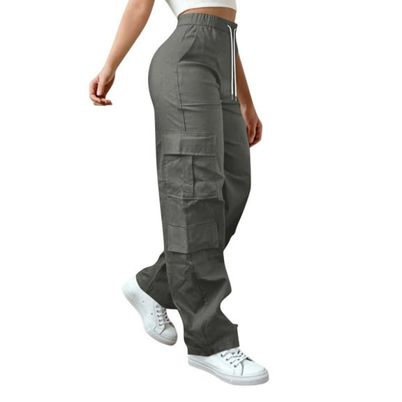 GEWSEY Cargo Pants for Women Wide Leg Casual High Waist Baggy Elastic Drawstring Hiking Track Outfits Y2K Cute Sweatpants (Dark Gray, S)