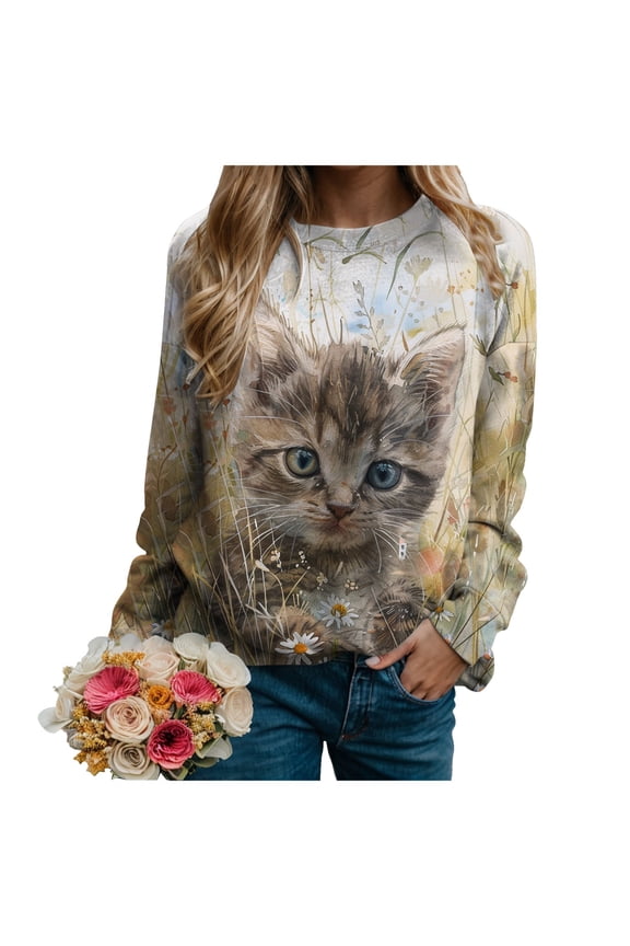 Cat Sweatshirts for Women Cute Cat Sweater Graphic Crewneck Sweatshirts Oversized Novelty Funny Sweatshirts Sweater (Khaki, L)