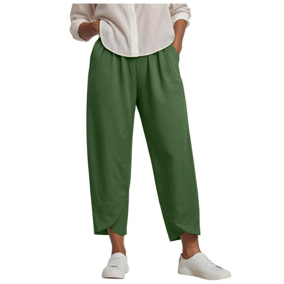 GEWSEY Cotton Linen Pants Women Elastic High Waist Straight Leg Lounge Pants Casual Slacks Summer Trouser with Pockets (Army Green, M)