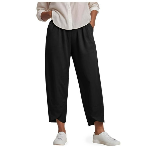GEWSEY Cotton Linen Pants Women Elastic High Waist Straight Leg Lounge Pants Casual Slacks Summer Trouser with Pockets (Black, M)