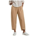 thumbnail image 1 of GEWSEY Cotton Linen Pants Women Elastic High Waist Straight Leg Lounge Pants Casual Slacks Summer Trouser with Pockets (Khaki, L), 1 of 9
