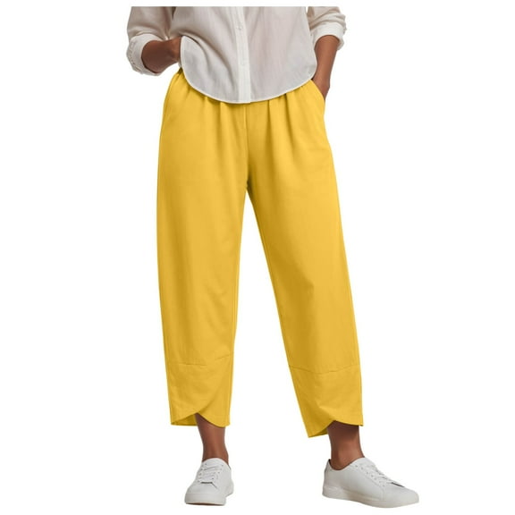 GEWSEY Cotton Linen Pants Women Elastic High Waist Straight Leg Lounge Pants Casual Slacks Summer Trouser with Pockets (Yellow, M)