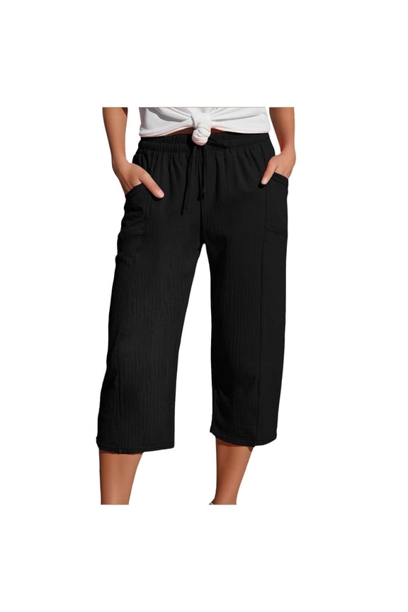 Cotton Linen Pants for Women 2025 Wide Leg Cropped Lounge Trousers Drawstring Elastic Waist Summer Beach Pant Outfits (Black, XL)